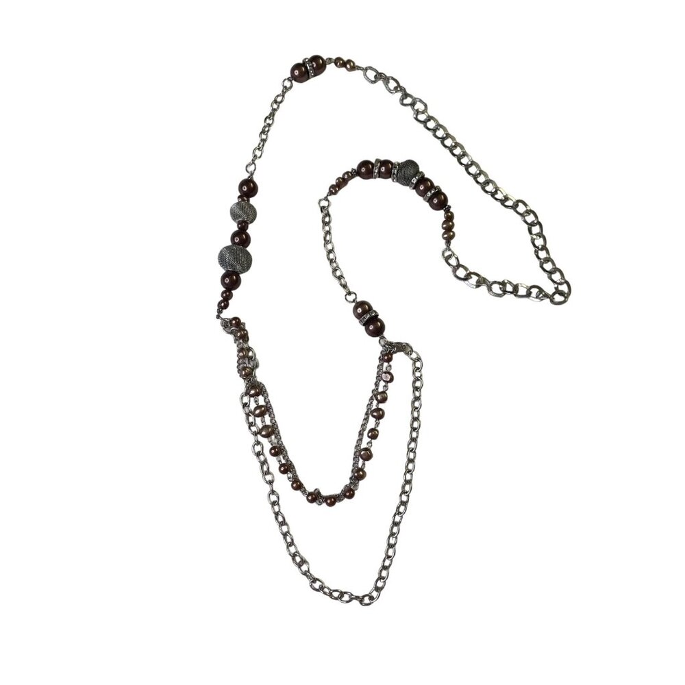 Long Silver Tone Chain Necklace Brown Beads Mesh Accents Fashion Jewelry u  Stat